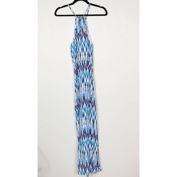 Athleta Small S Blue Kissma Maxi Dress Halter Neck Tie Waist Keyhole Slit Casual - Picture 2 of 12